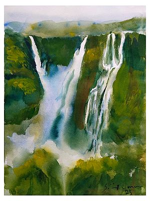 Waterfall Landscape | Watercolor On Paper | By Sirish M N