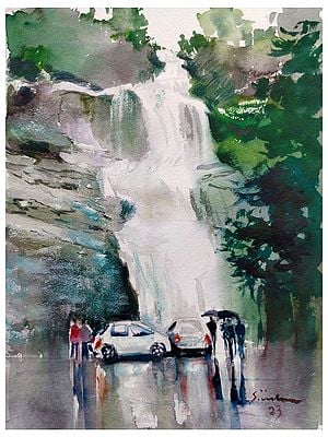 Beautiful Landscape Of Waterfall | Watercolor On Paper | By Sirish M N