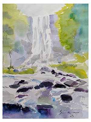 Natural Waterfall Landscape | Watercolor On Paper | By Sirish M N