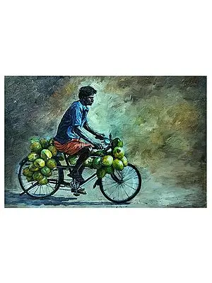 Coconut Seller on Cycle | Watercolor on Paper | By Dhyanesh Ramani
