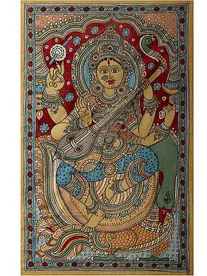 Goddess Saraswati Seated on Swan | Kalamkari Painting