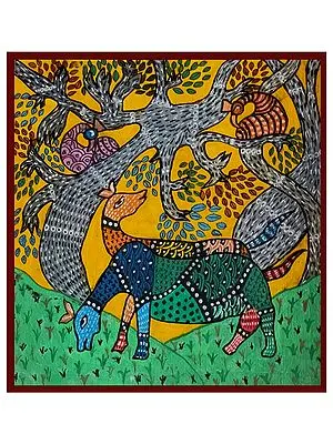 Wild Life Gond Artwork by Deeksha Salame | Watercolor on Paper