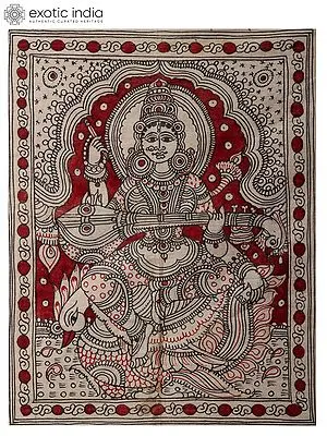 Goddess Saraswati Seated on Swan | Kalamkari Painting