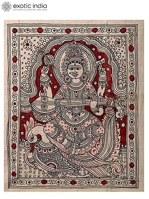 Four-Armed Goddess Saraswati Seated on Swan | Kalamkari Painting on Cotton