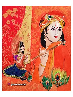 Radha and Krishna with Flute | Watercolor on Paper | By Sakshi Thakur