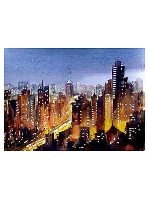 Night City Skyline | Watercolor On Paper | By Samiran Sarkar