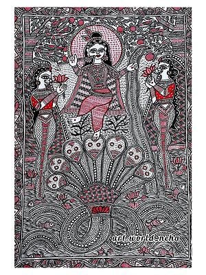 Dancing Krishna On Kaliya Serpent | Acrylics On Paper | By Neha Singh