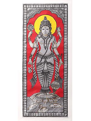 Standing Lord Vishnu (Perumal) on Lotus | Watercolor on Silk | Pattachitra Painting
