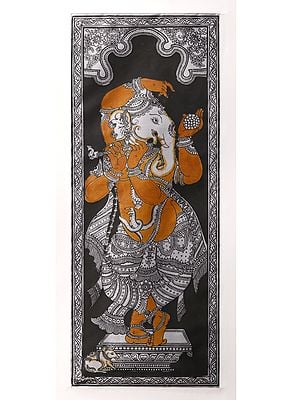 Lord Ganesha Dancing and Playing Flute | Watercolor on Silk | Pattachitra Painting