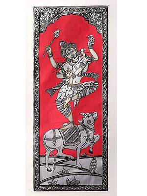 Lord Shiva Dancing on Nandi | Watercolor on Silk | Pattachitra Painting