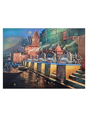 Morning Aarti At Varanasi Ghat | Oil Painting On Canvas | By Jagriti Bhardwaj