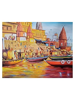 Floating Boats At Ghat | Oil Painting On Canvas | By Jagriti Bhardwaj