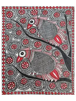 Birds On Branch Of Tree | Natural Colors On Handmade Paper | By Priti Karn