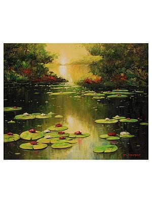 Attractive Lotus Flowers In The Pond | Oil On Canvas | By Devraj