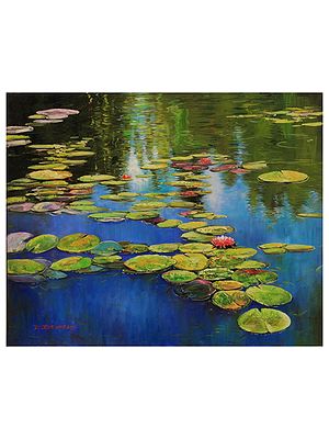 Floating Lotus Leaves In Pond | Oil On Canvas | By Devraj