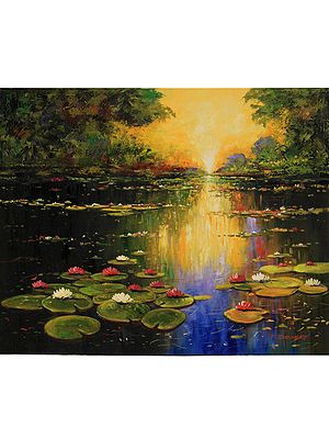 Beautiful Lotus Pond - The Relfection | Oil On Canvas | By Devraj