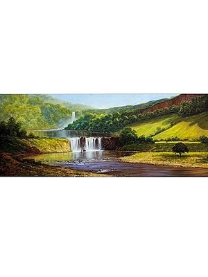 River Flowing With Waterfall | Oil On Canvas | By Devraj