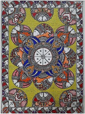 Circle Of Madhubani Fishes | Acrylic On Handmade Canvas Sheet | By Pritanjali