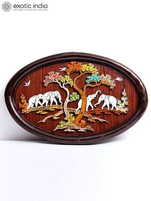18" Elephants In Vana - Wild Life | 3D Inlay Work | Natural Color On Wood