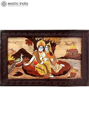 30" River Side Seated Radha And Krishna | Natural Color On Wood Panel