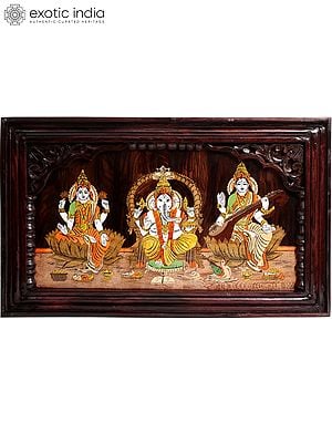 30" Hand Painted Lakshmi, Ganesha And Saraswati | | Natural Color On Wood