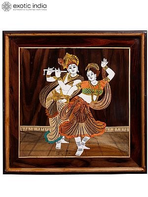 19" Beautiful Hand Painted Dancing Radha - Krishna | Natural Color On Wood Panel