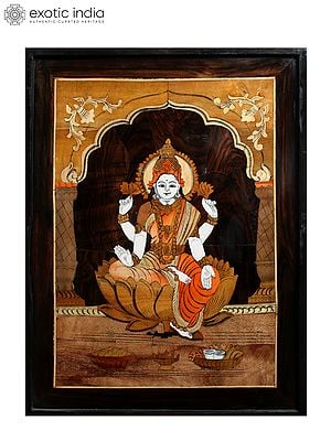 25" Goddess Dhan Lakshmi | Natural Color On Wood Panel With Inlay Work
