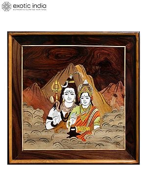 19" Shiva And Parvati On Kailash Mountain | Natural Color On Wood Panel With Inlay Work