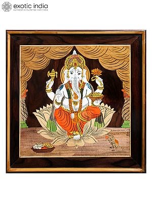 19" Seated Ganesha On Lotus | Natural Color On Wood Panel With Inlay Work