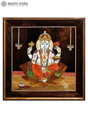 19" Lord Ganesha With Mushaka | Natural Color On Wood Panel With Inlay Work