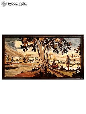36" Beautiful Rural Landscape | Natural Color On Wood Panel With Inlay Work