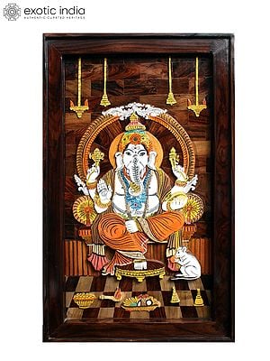 30" Attractive Lord Ganesha On Throne | Natural Color On 3D Wood Panel With Inlay Work