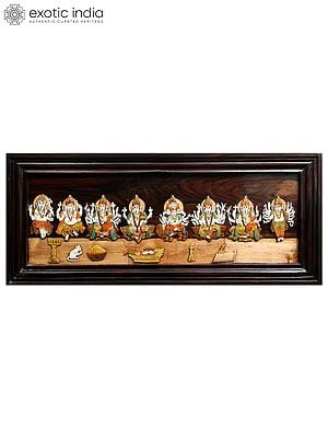 31" Beautiful 3D Ashta Ganesha | Natural Color On Wood Panel With Inlay Work