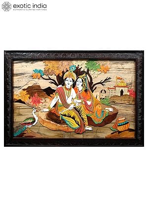 36" Radha And Krishna Sitting Under The Tree | Natural Color On 3D Wood Painting With Inlay Work