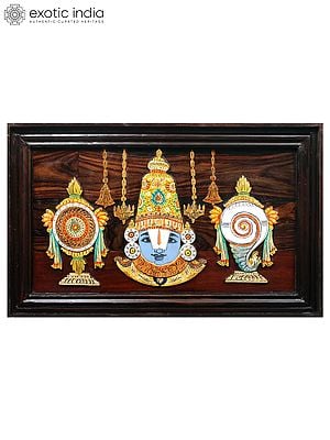 30" Tirupati Balaji With Vaishnava Symbols | Natural Color On Wood Panel With Inlay Work