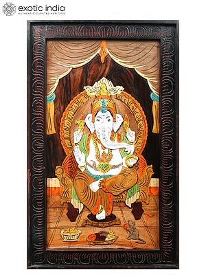 30" Lord Ganapati On Throne | Natural Color On 3D Wood Painting With Inlay Work
