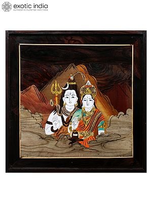18" Blessing Shiva And Parvati On Kailash | Natural Color On Inlay Wood Panel