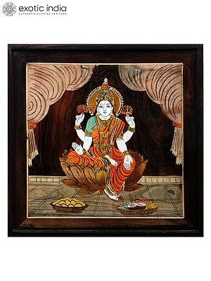18" Goddess Lakshmi | Wood Panel | Natural Color On Wood Inlay Work