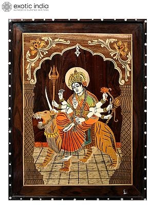 24" Ashtabhuja Goddess Durga | Natural Color On Inlay Wood Painting