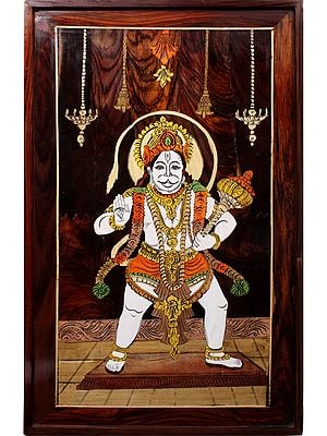 30" Lord Hanuman Painting | Natural Color On Wood Inlay Wood Panel