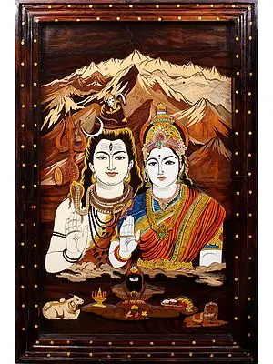 36" Lord Shiva And Goddess Parvati | Natural Color On Inlay Wood Panel