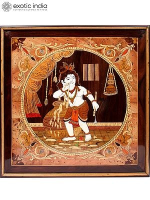 25" Little Krishna As Makhan Chor | Natural Color On Wood Panel With Inlay Work