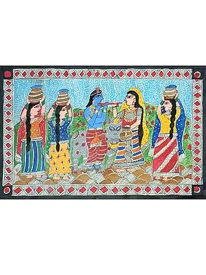 Fluting Krishna And Radha With Gopis And Cow | Acrylic Color On Handmade Paper | By Annu Kumari