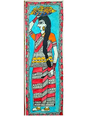 Lady Carrying Bunch of Fishes on Head | Acrylic Color on Handmade Paper | By Annu Kumari
