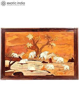 Elephants In Forest | Wood Panel with Inlay Work