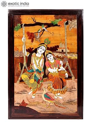 Radha Krishna on Swing | Wood Panel with Inlay Work