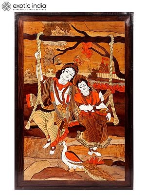 Radha Krishna on Swing | Natural Color on Wood Panel with Inlay Work