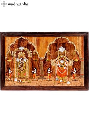 Tirupati Balaji (Lord Venkateshwara) with Goddess Lakshmi | Wood Panel with Inlay Work