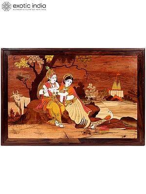 Radha Krishna Seated Under The Tree | Wood Panel with Inlay Work