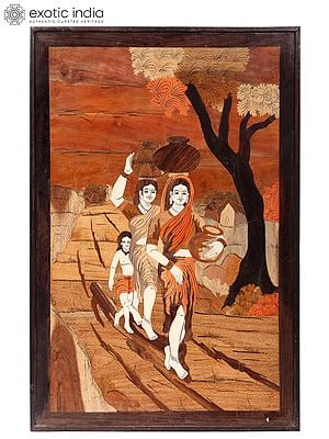 Pariharini - Village Women Carrying Water Pot | Wood Panel with Inlay Work
